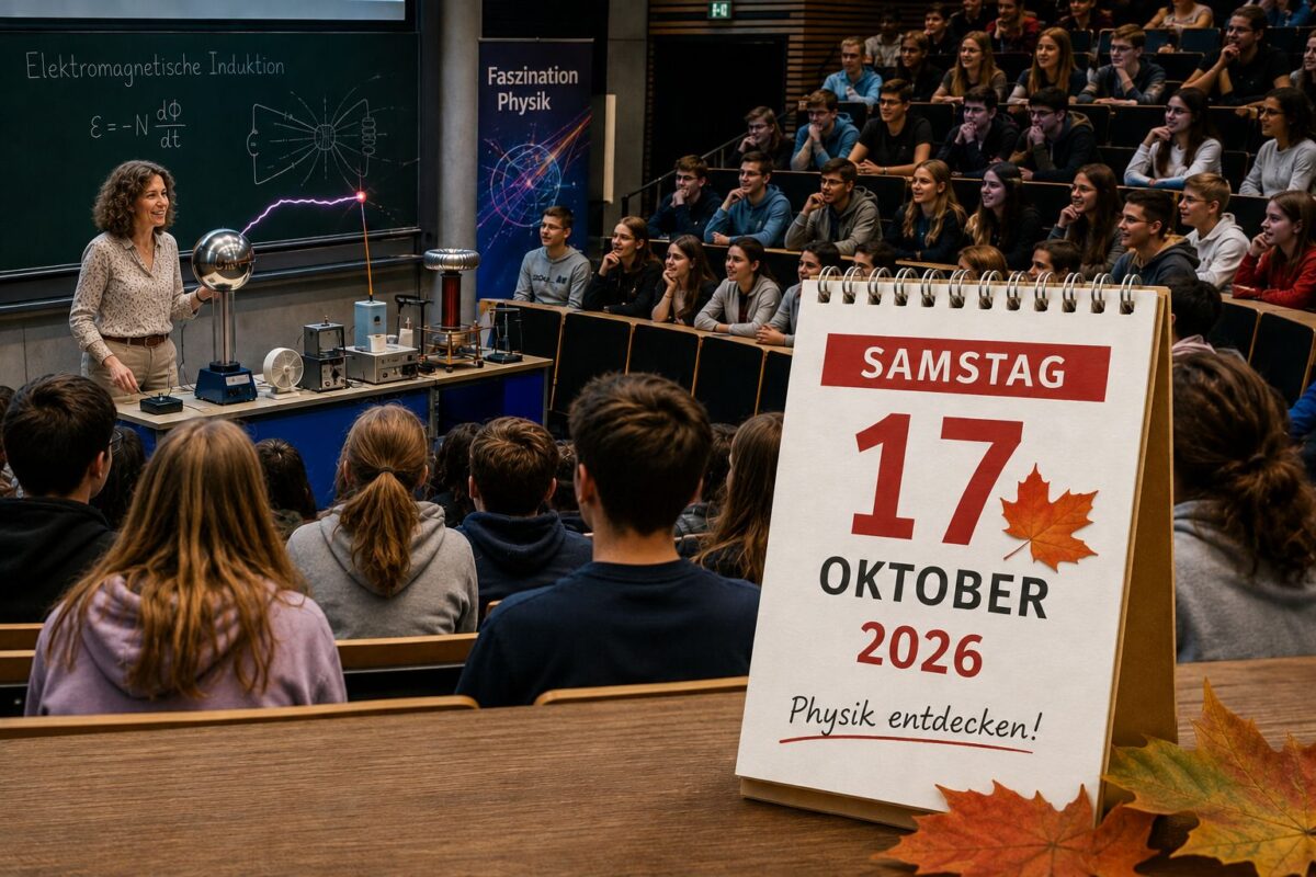 Jugendliche in einem Hörsaal, eine Dozentin führt ein physikalisches Experiment vor. KI-generiert